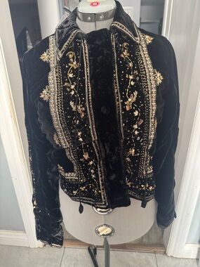 Free People Black Velvet Bomber Jacket with Gold Embroidery